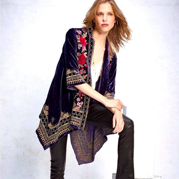 JOHNNY WAS JWLA Meri Floral Embroidered Velvet Draped Cardigan Purple NEW RARE! - Picture 4 of 12